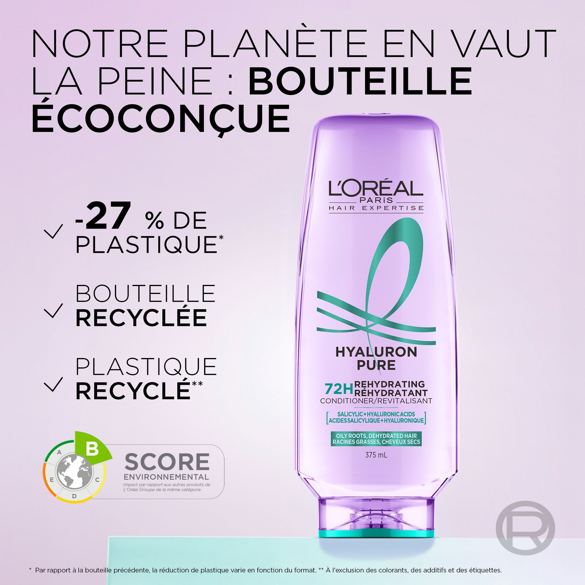 La nouvelle bouteille de revitalisant hyaluron pure est faite avec moins de 27% de plastique et recyclé
